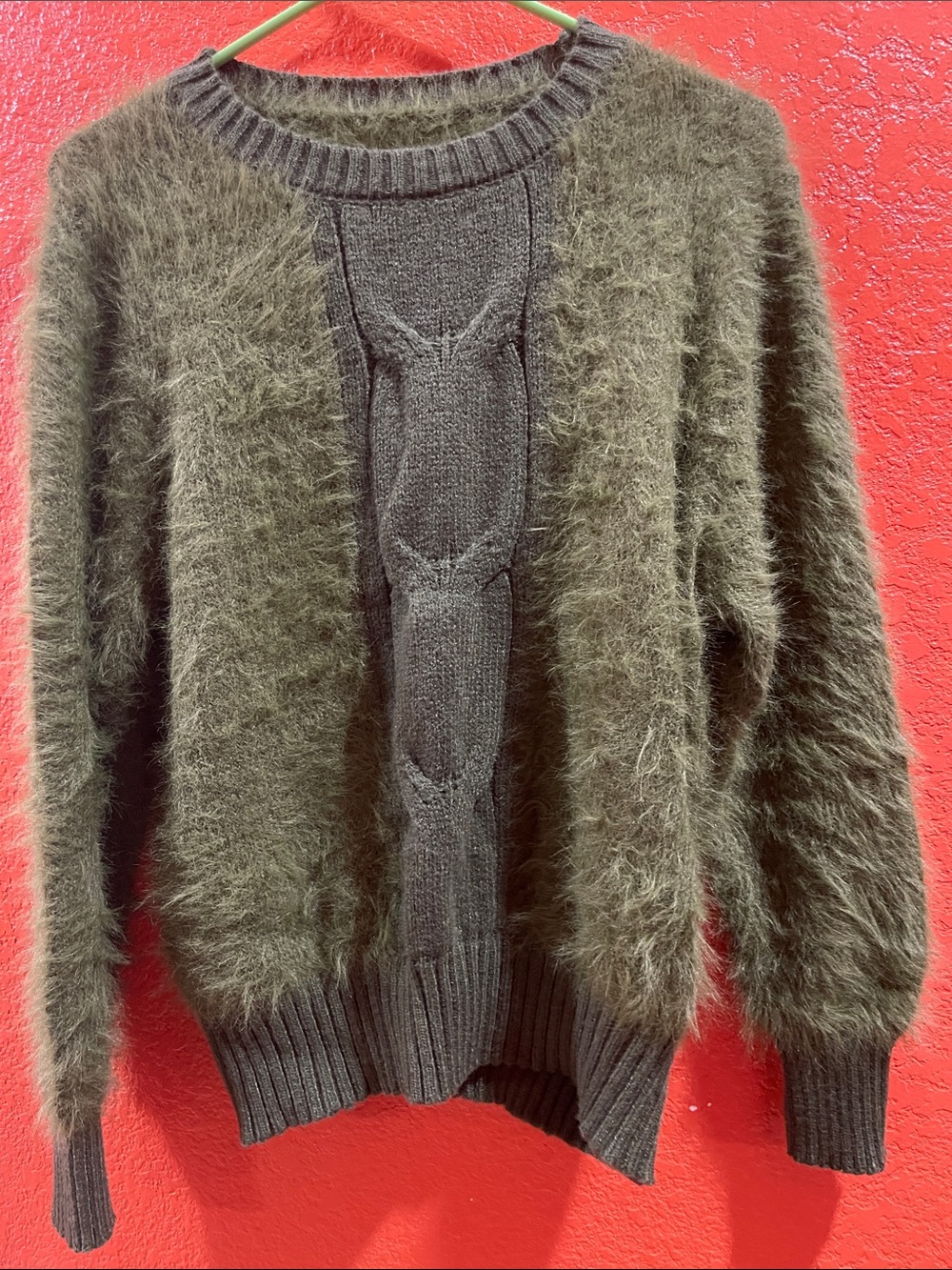 Cozy Fuzzy Crewneck Sweater - Olive Green